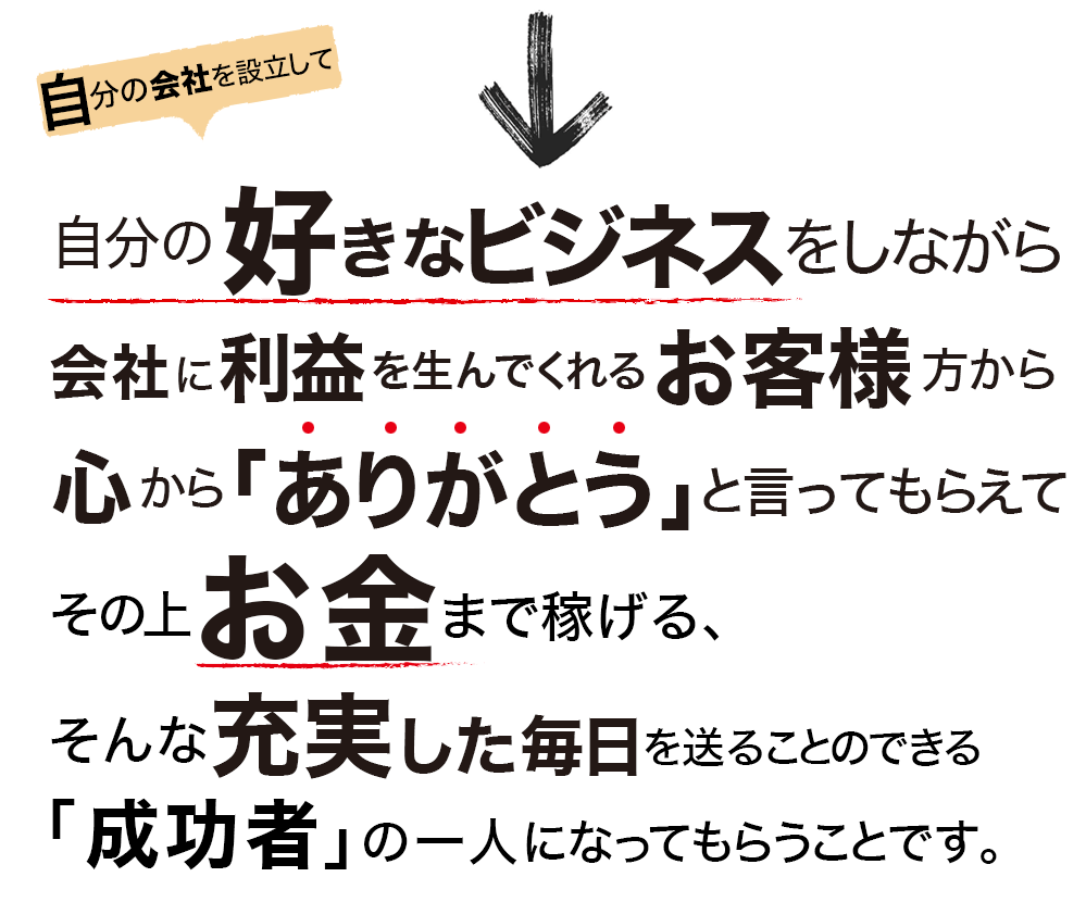 自分の好きなビジネスをしながら会社に利益を生んでくれるお客様から心から「ありがとう」と言ってもらえてその上お金まで稼げる、そんな充実した毎日を送れる成功者のひとりになってもらいたい